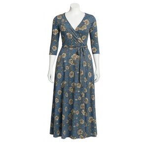 Chic Floral Wrap Maxi Dress in Blue and Gold large